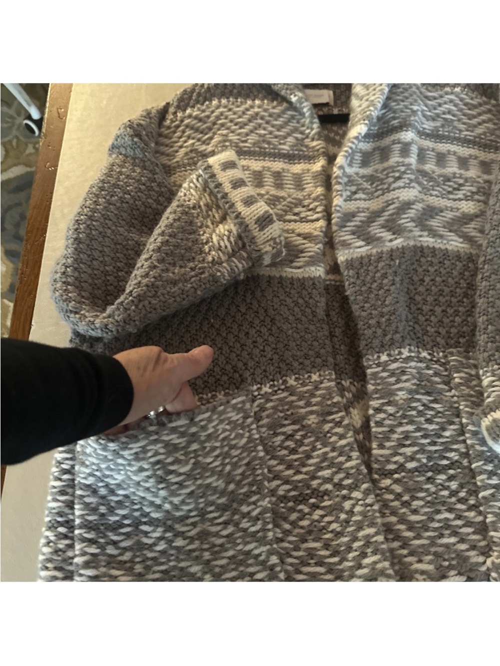 Lucky Brand LG Gray Nordic Fair Isle Wool Blend Long Open Cardigan Sweater Coat - Picture 3 of 8